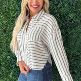 Stripe Button Down Front Pocket Blouse