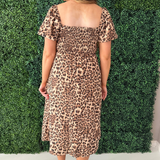 Leopard Puff Sleeve Square Neck Midi Dress