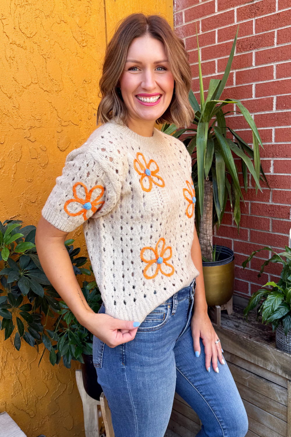 Embroidered Flower Pointelle Short Sleeve Top