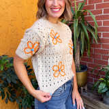 Embroidered Flower Pointelle Short Sleeve Top