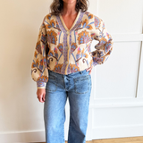 Floral Pattern Jacquard Knit V Neck Button Closure Cardigan