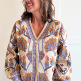 Floral Pattern Jacquard Knit V Neck Button Closure Cardigan
