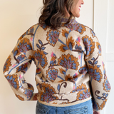 Floral Pattern Jacquard Knit V Neck Button Closure Cardigan