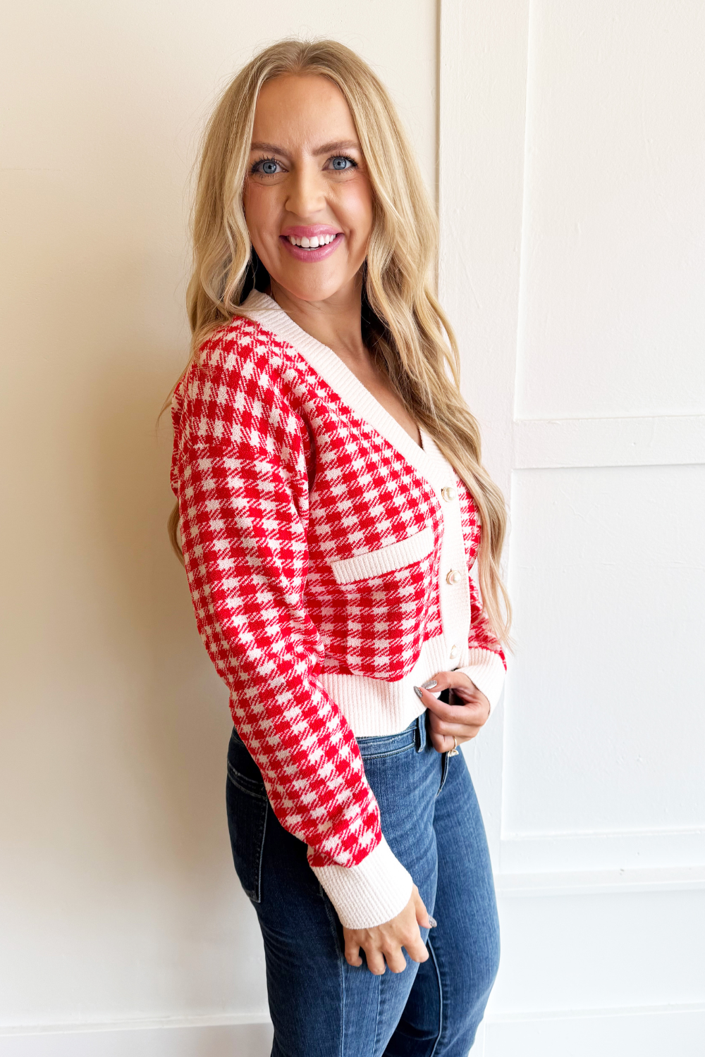 Checkered Pattern Knit Cardigan