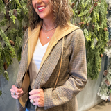 Hooded Herringbone Pattern Double Breasted Blazer