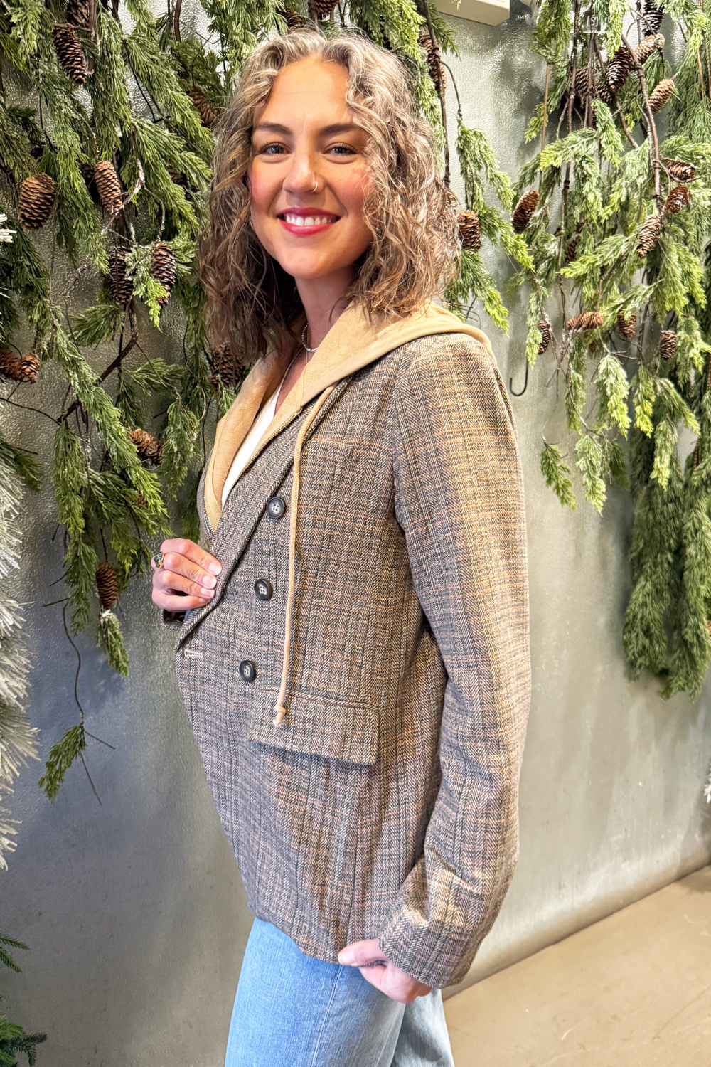 Hooded Herringbone Pattern Double Breasted Blazer