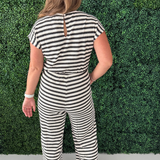 Striped Rib Knit Drawstring Waist Jumpsuit