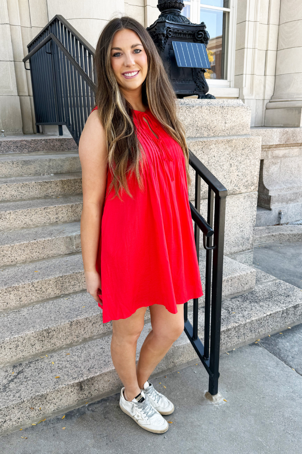 Pintuck Tie Detail Linen Mini Dress