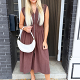 Drop Shoulder Smocked Waist Front Zip Corduroy Midi Dress