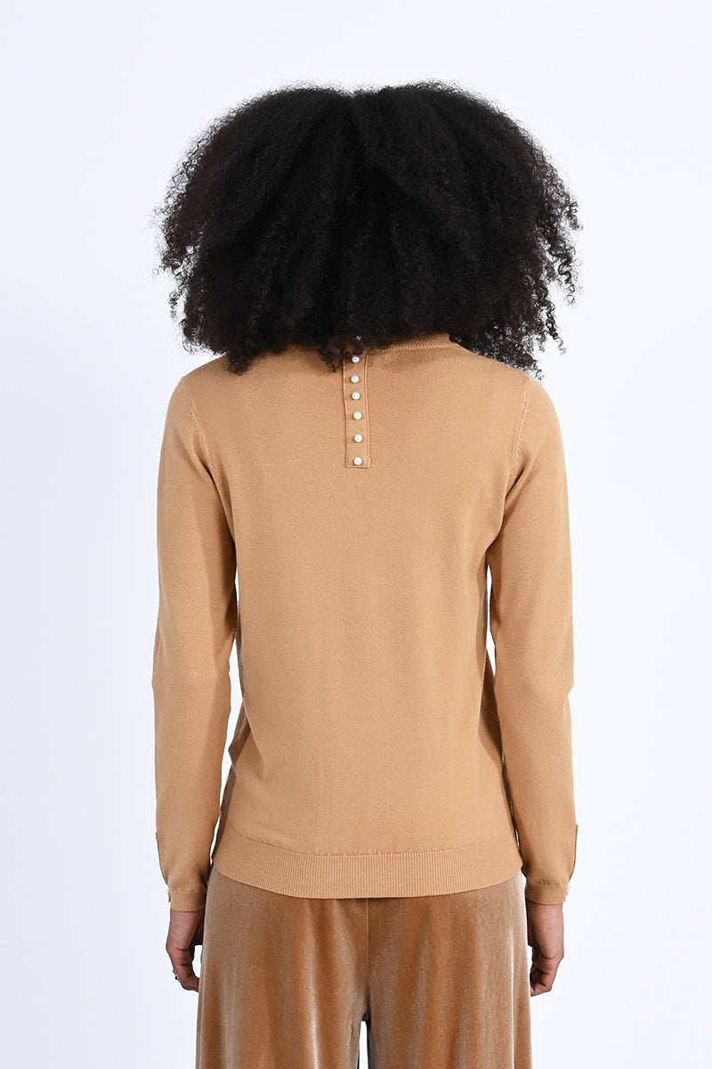 Button Back Solid Crew Sweater