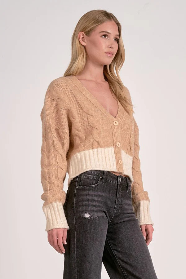 Two Tone V Neck Button Front Sweater