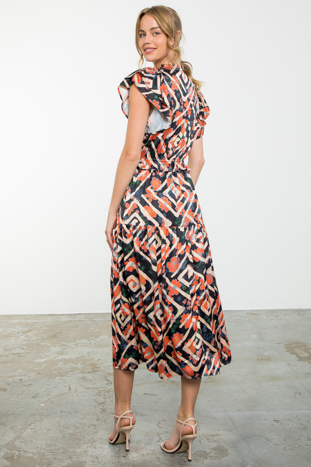 Abstract Floral Print Flutter Midi Dress