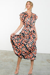 Abstract Floral Print Flutter Midi Dress