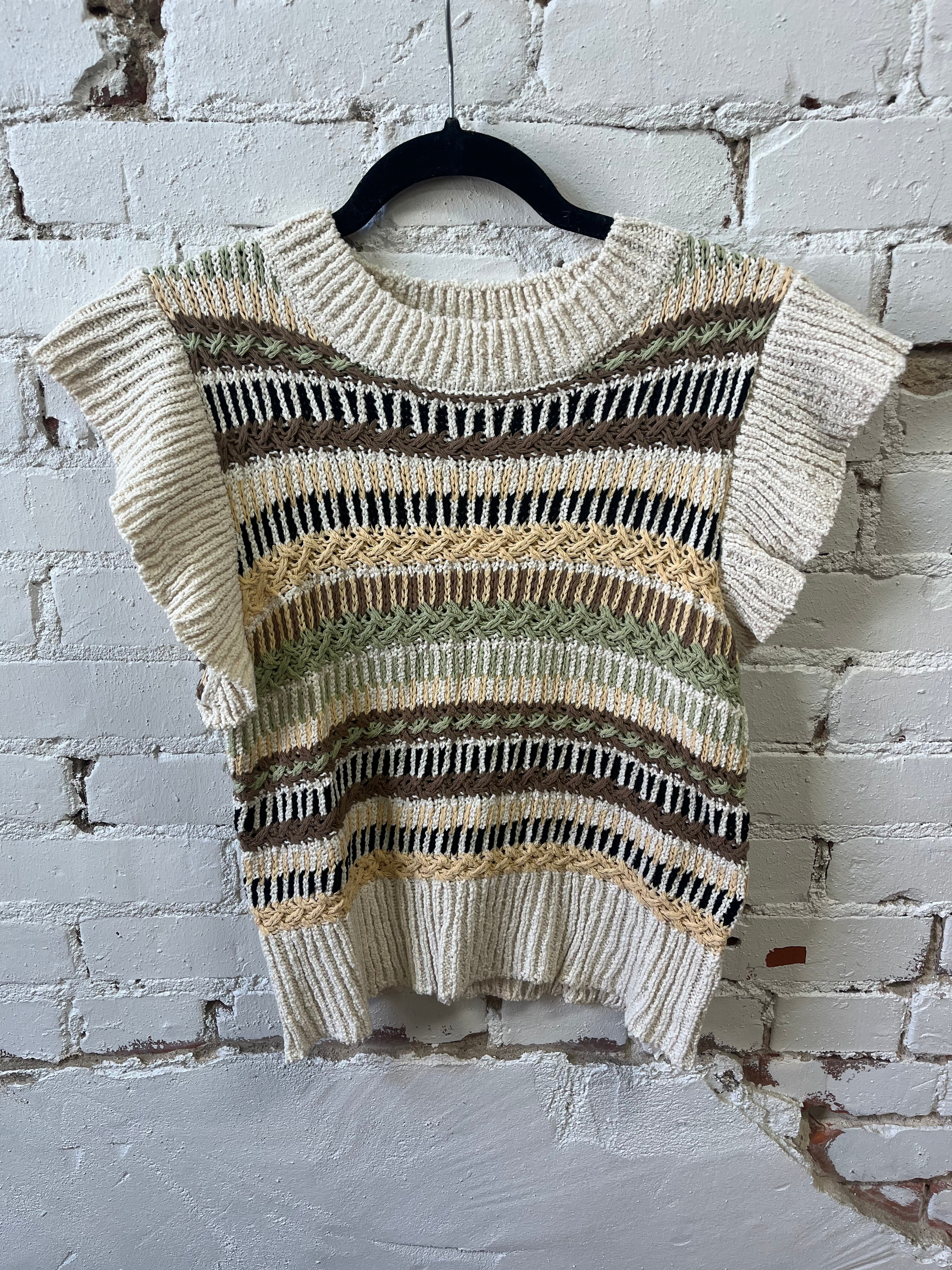 Flutter Sleeve Knit Striped Sweater