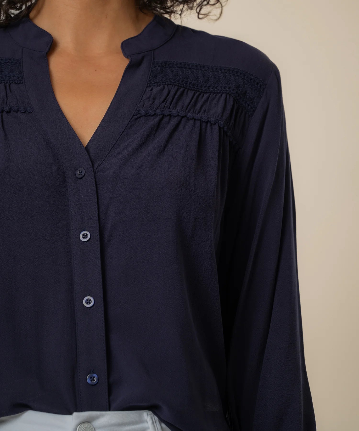 Adrie Long Sleeve Top with Trim and Shirring