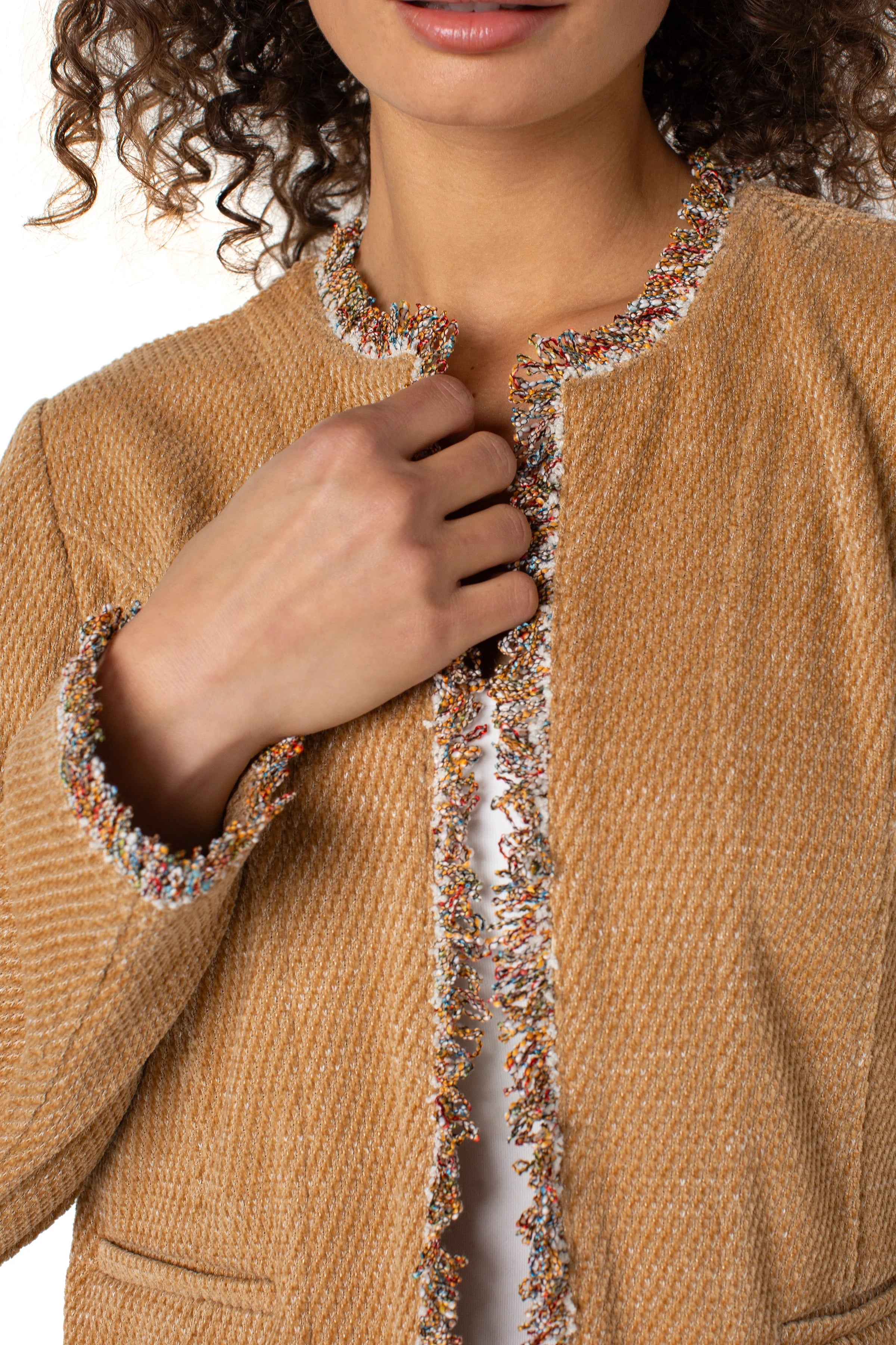Collarless Jacket with Frayed Edges