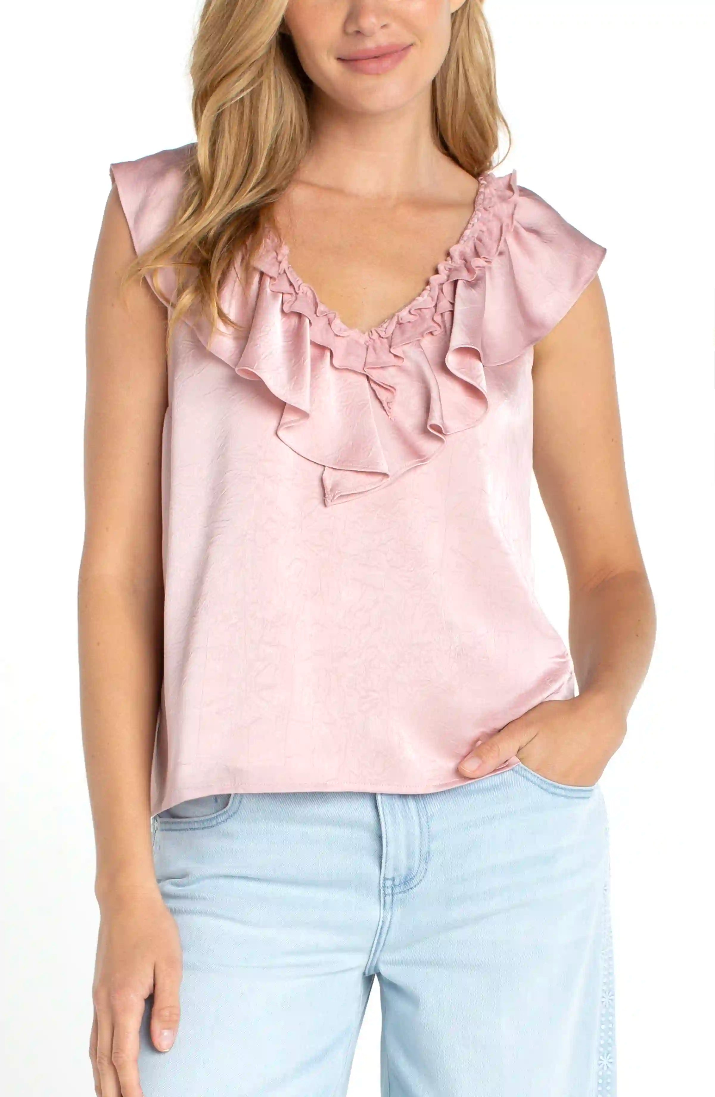 Ruffle Front Sleeveless Woven to Knit Top - The 308 Boutique