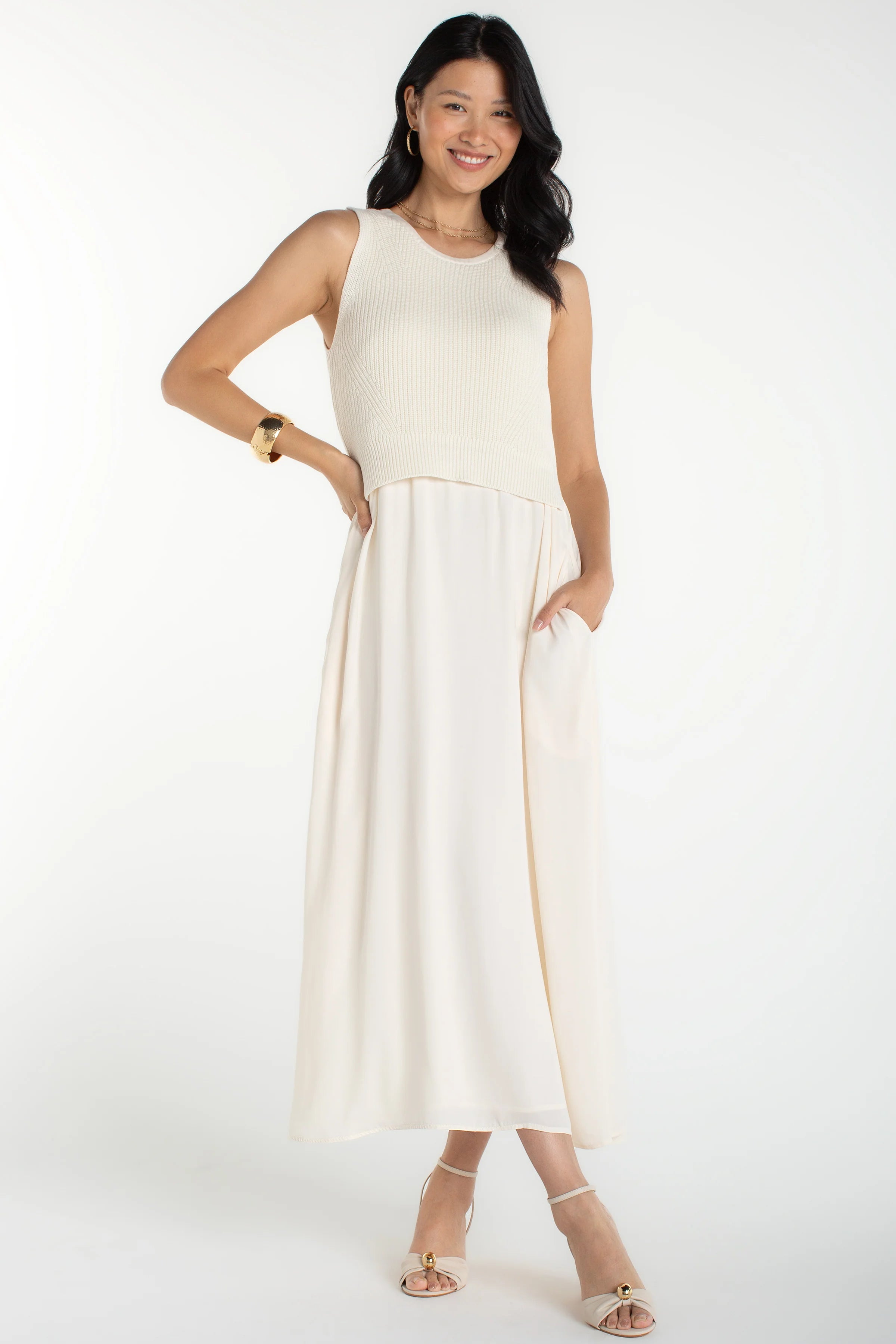 Sleeveless Crew Neck Tie Back Sweater Woven Dress
