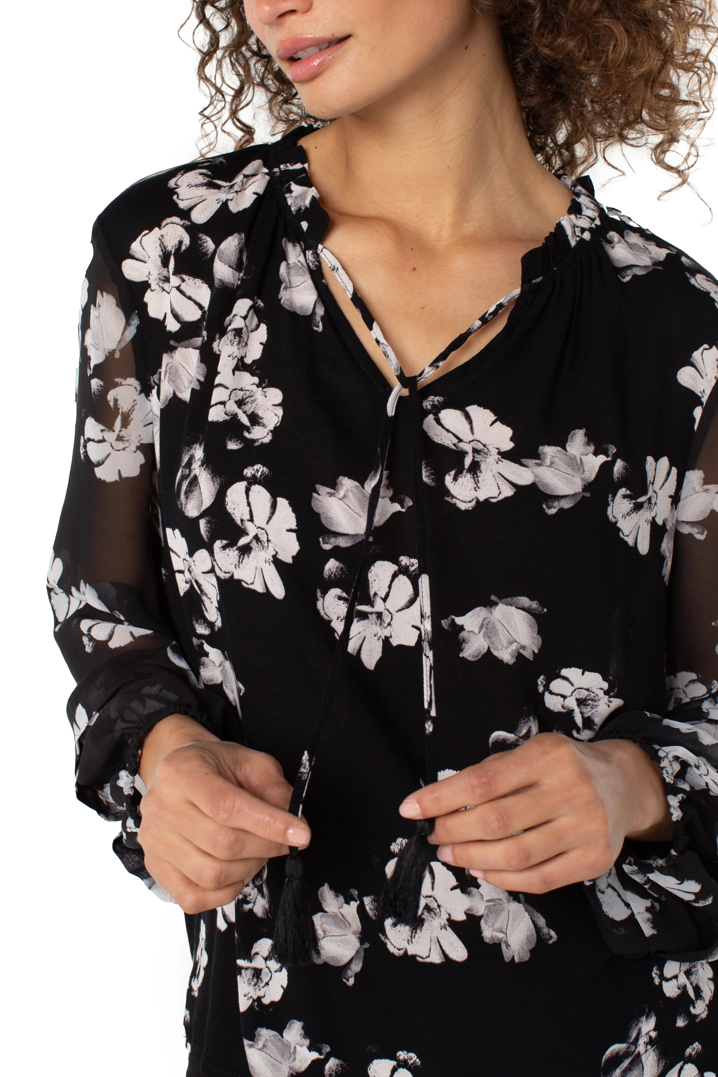 Long Sleeve Popover Shirred Woven Blouse