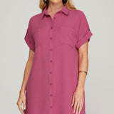 Drop Shoulder Button Up Woven Shirt Dress