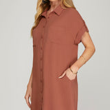 Drop Shoulder Button Up Woven Shirt Dress
