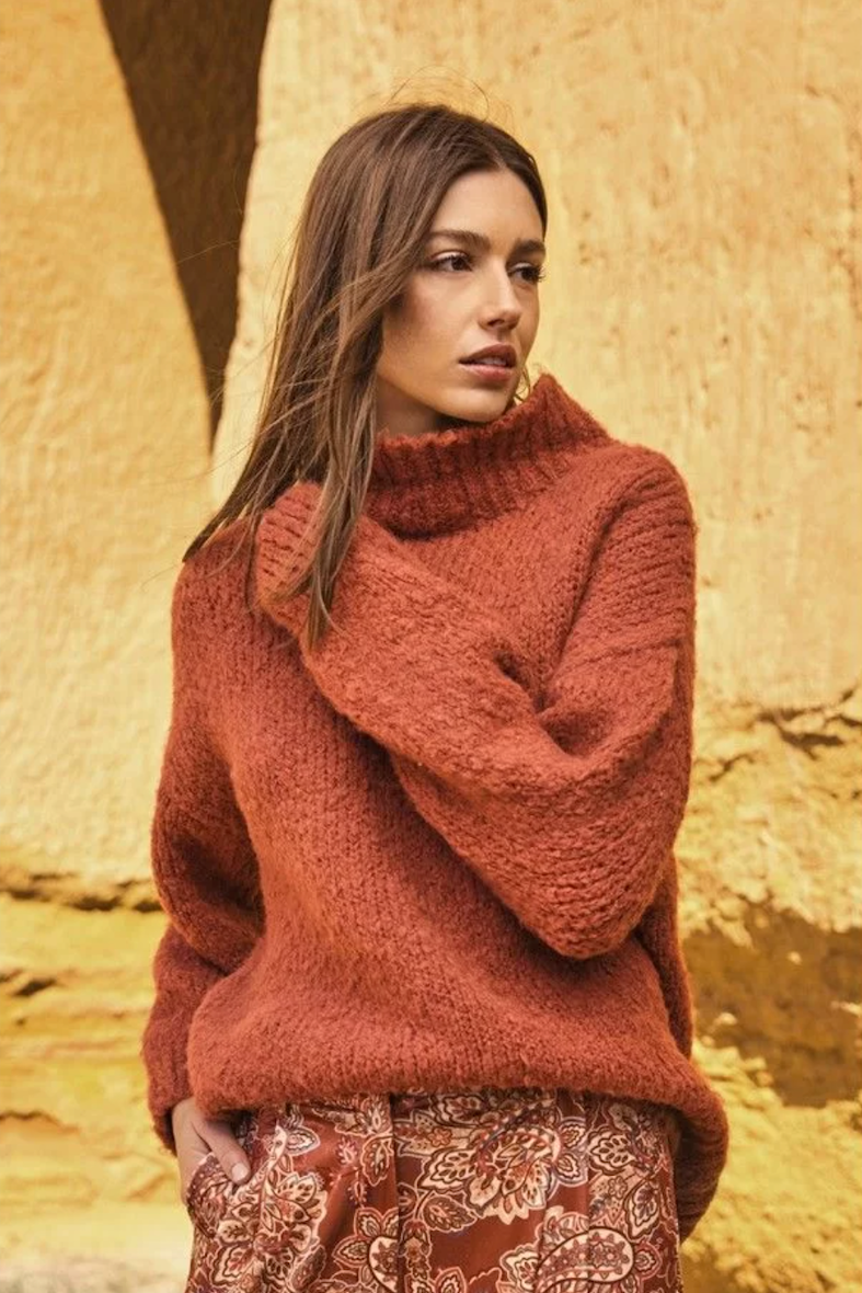 Ribbed Trim Cozy Mock Sweater