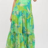 Tropical Leaf Print Front Key Hole Maxi Dress