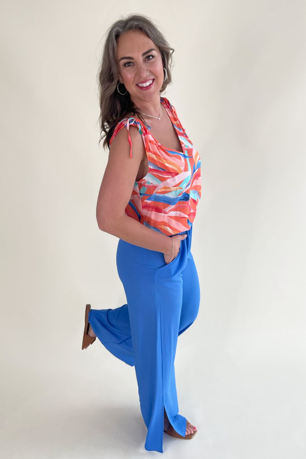 Printed V Neck Tie Shoulder Tank - The 308 Boutique