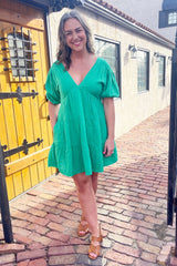 Puff Sleeve V Neck Tiered Dress