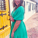 Puff Sleeve V Neck Tiered Dress