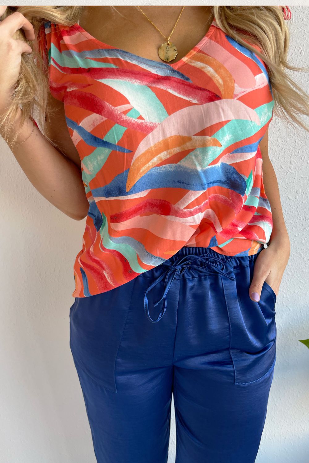 Printed V Neck Tie Shoulder Tank - The 308 Boutique