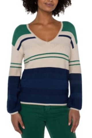 V Neck Blouson Colorblock Sweater