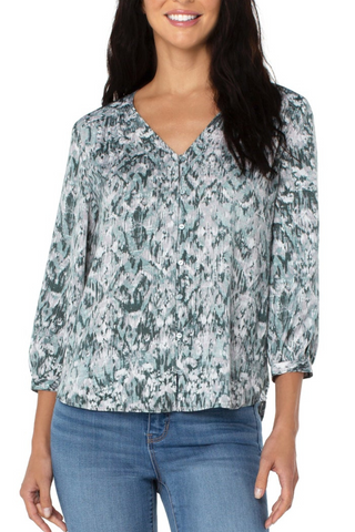 V-Neck 3/4 Puff Sleeve Button Up Shirt