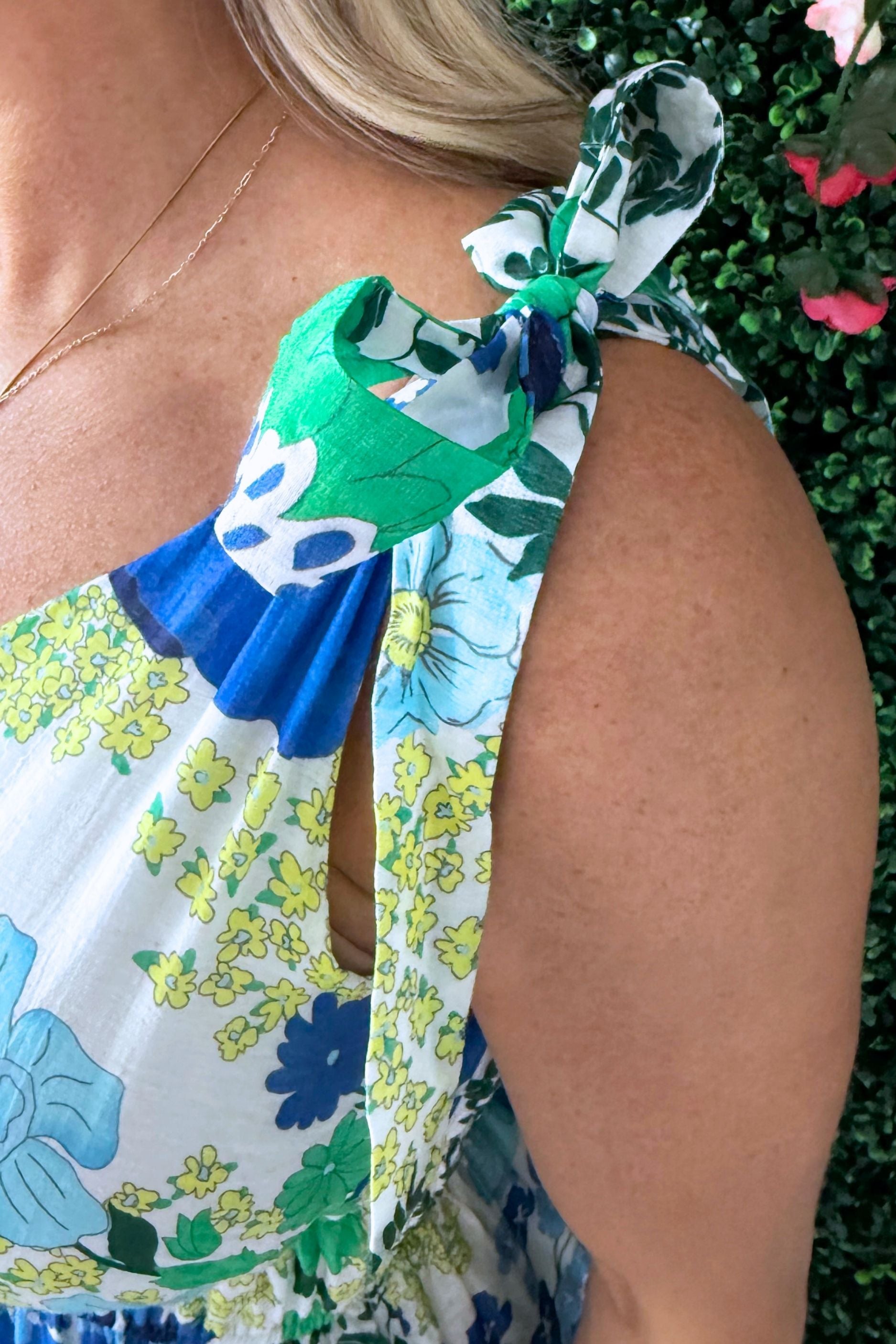 V Neck Printed Peplum Top with Tie Sleeves