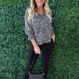 3/4 Sleeve Button Front Woven Top w/ Ruffle Details