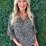 3/4 Sleeve Button Front Woven Top w/ Ruffle Details