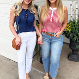 Textured Half Button Sleeveless Knit Top