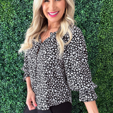 3/4 Sleeve Button Front Woven Top w/ Ruffle Details