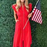 Ruffle Sleeve Smocked Waist Front Zip Midi Dress w/ Pockets