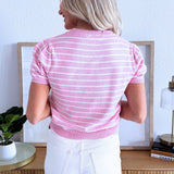 Half Sleeve Crew Neck Puff Striped Sweater Top