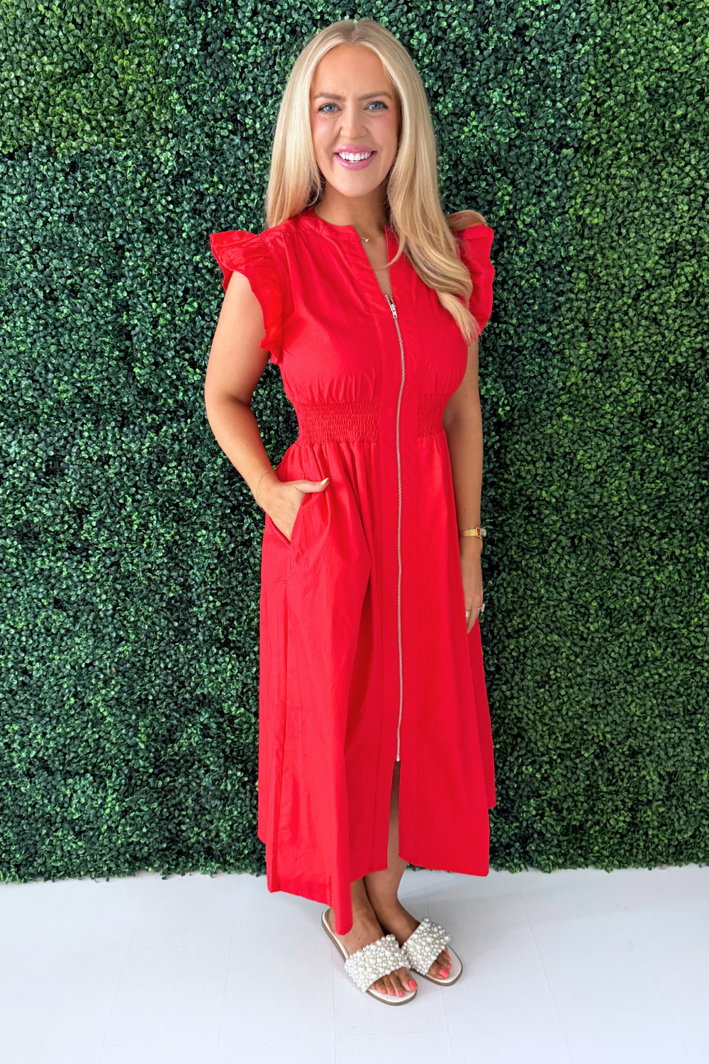 Ruffle Sleeve Smocked Waist Front Zip Midi Dress w/ Pockets