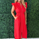 Ruffle Sleeve Smocked Waist Front Zip Midi Dress w/ Pockets