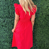 Ruffle Sleeve Smocked Waist Front Zip Midi Dress w/ Pockets
