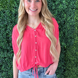 Dolman V Neck Woven Top w/ Ties