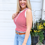 Textured Half Button Sleeveless Knit Top