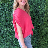 Dolman V Neck Woven Top w/ Ties