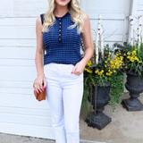 Textured Half Button Sleeveless Knit Top