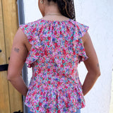 Flutter Sleeve Peplum Woven Top w/ Ties