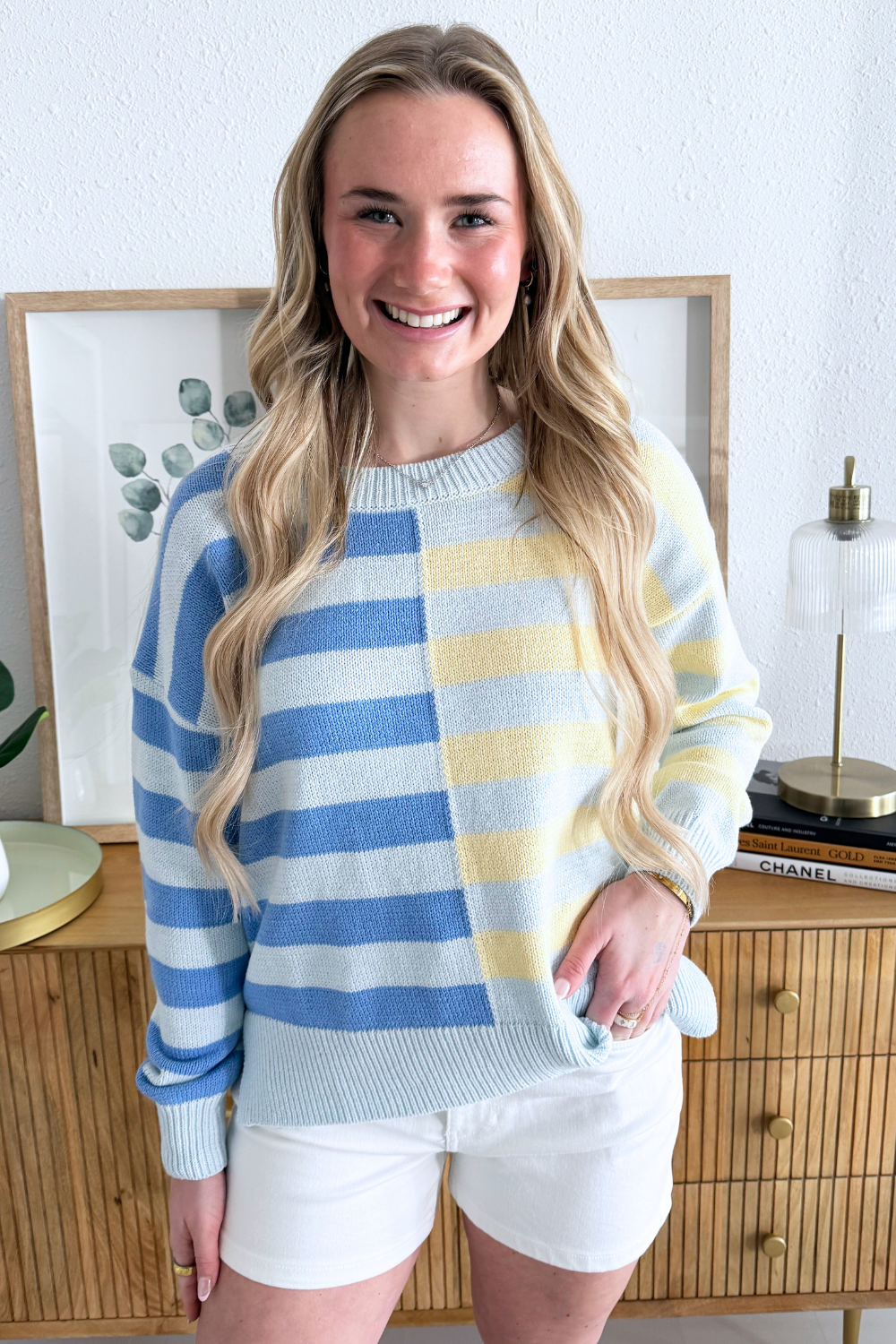 Half and Half Contrast Striped Knit Sweater - The 308 Boutique