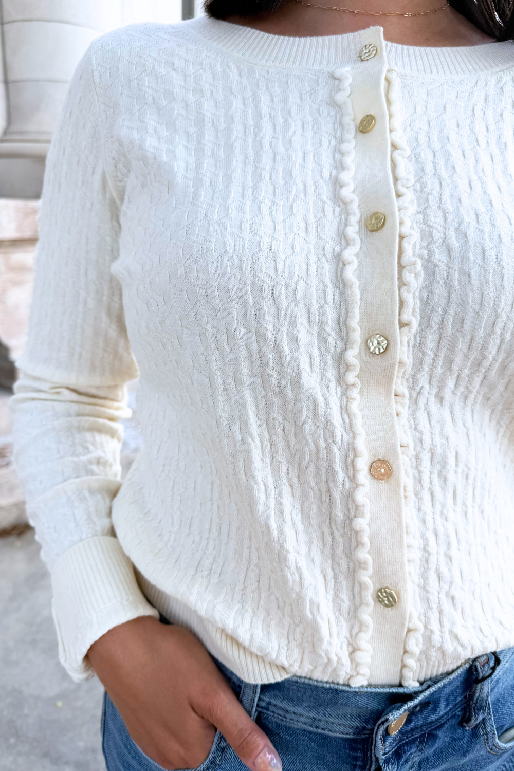 Long Sleeve Button Front Cardigan Sweater w/ Ruffles